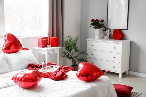 Interior Bedroom Decorated Valentine Day Morning — Stock Photo, Image