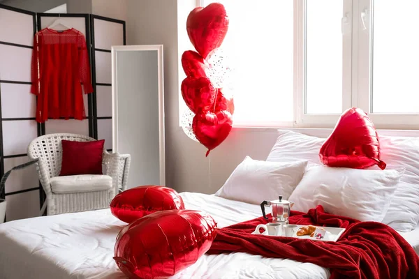 Interior Bedroom Decorated Valentine Day Morning — Stock Photo, Image