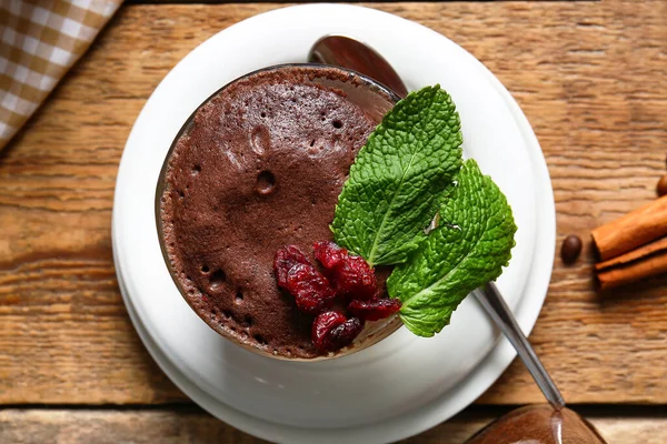 Glass Cup Tasty Chocolate Brownie Wooden Background — Stock Photo, Image