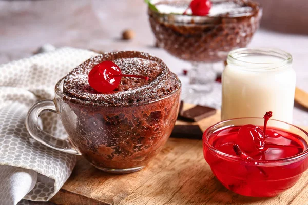 Glass Cup Tasty Chocolate Brownie Cherries Table — Stock Photo, Image