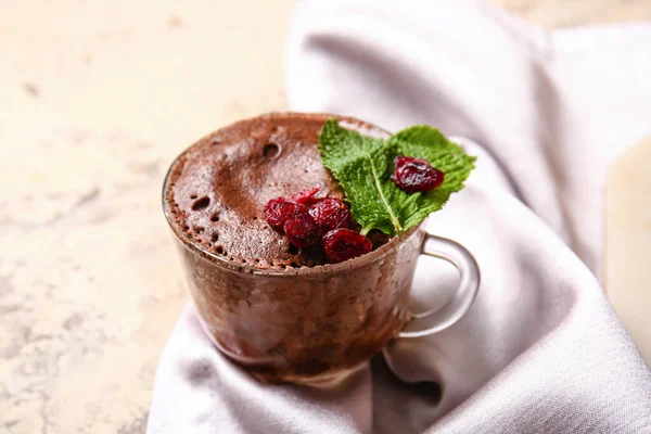 Glass Cup Tasty Chocolate Brownie Beige Background — Stock Photo, Image