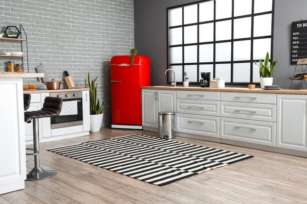 Interior Stylish Kitchen Red Fridge White Counters Window — Stock Photo, Image