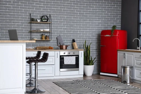 Interior Stylish Kitchen Red Fridge White Counters Brick Wall — Stock Photo, Image