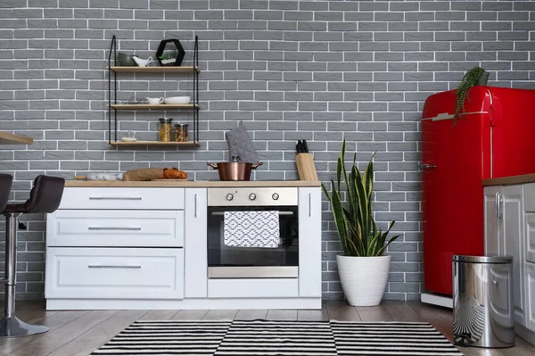 Interior Stylish Kitchen Red Fridge White Counters Brick Wall — Stock Photo, Image