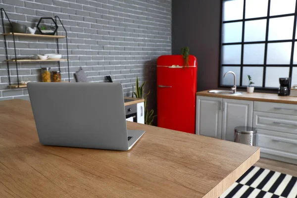 Interior Stylish Kitchen Red Fridge White Counters Laptop — Stock Photo, Image