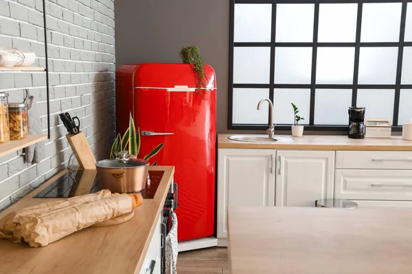 Interior Stylish Kitchen Red Fridge White Counters Window — Stock Photo, Image