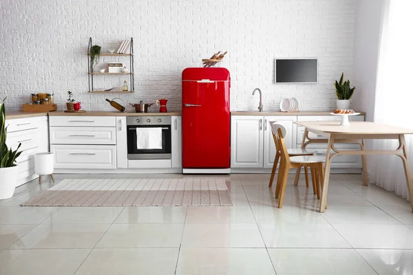 Interior Light Kitchen Red Fridge White Counters Dining Table — Stock Photo, Image