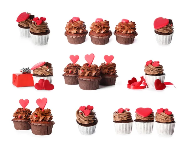 Tasty Chocolate Cupcakes Valentine Day White Background — Stock Photo, Image