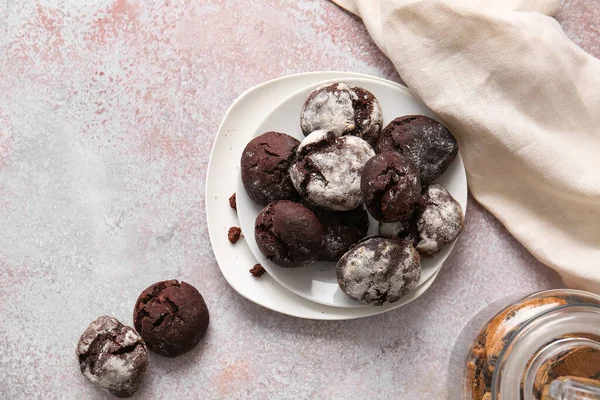 Plates Chocolate Brownie Cookies Light Background — Stock Photo, Image