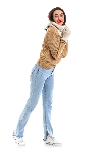 Mujer Joven Bonita Suéter Cálido Sobre Fondo Blanco —  Fotos de Stock