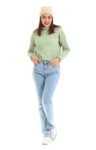 Pretty Young Woman Warm Sweater White Background — Stockfoto