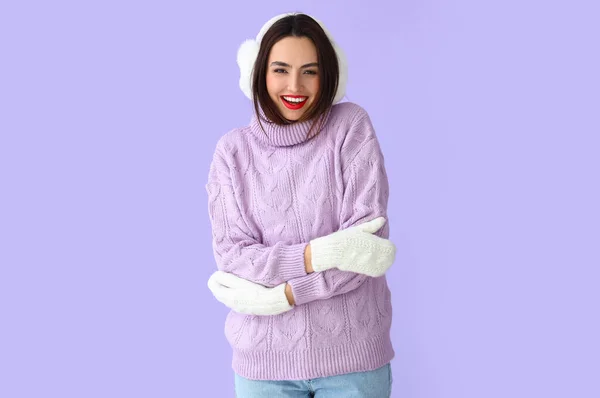 Pretty Young Woman Warm Sweater Color Background — Stockfoto