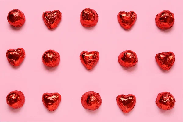 Heart Shaped Candies Pink Background Valentine Day — Stock Photo, Image