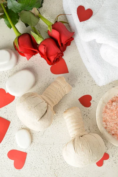 Hermosa Composición Spa Con Piedras Rosas Para Celebración Del Día — Foto de Stock