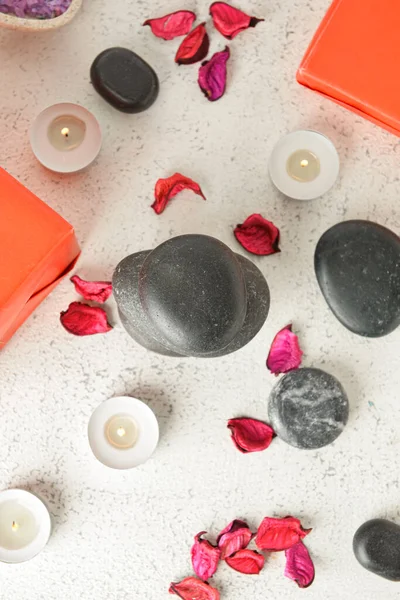 Beautiful Spa Composition Stones Candles Valentine Day Celebration Light Background — Stock Photo, Image