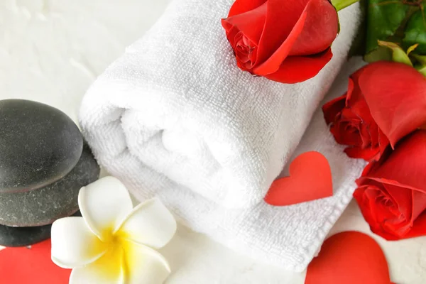 Hermosa Composición Spa Con Piedras Rosas Para Celebración Del Día — Foto de Stock