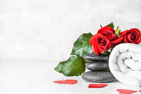 Beautiful Spa Composition Stones Roses Valentine Day Celebration Light Background — Stock Photo, Image