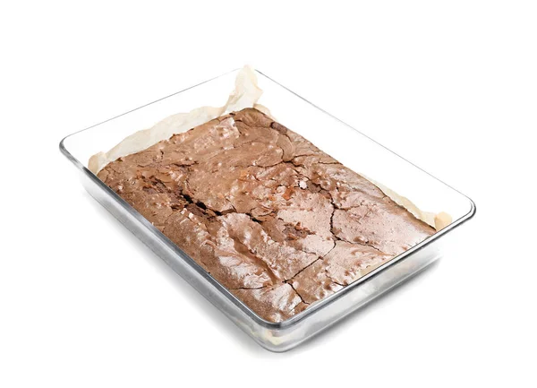 Baking Dish Tasty Chocolate Brownie Isolated White Background — Stock Photo, Image