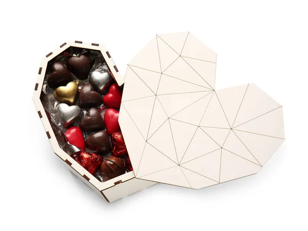 Heart Shaped Box Tasty Chocolate Candies Isolated White Background — Stock Photo, Image