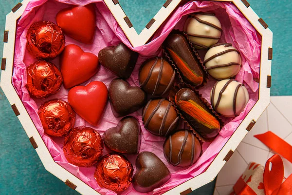 Heart Shaped Box Tasty Chocolate Candies Blue Background — Stock Photo, Image