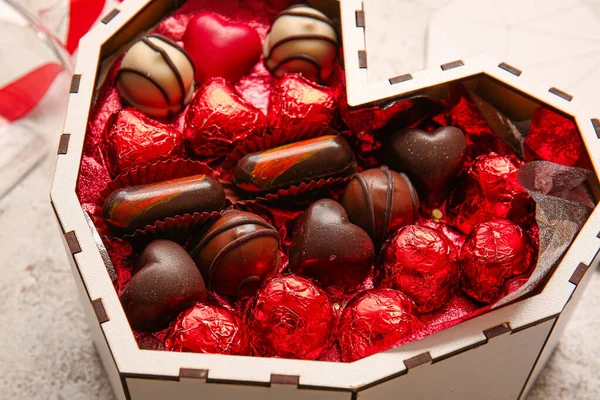 Heart Shaped Box Tasty Chocolate Candies Light Background Closeup — Stock Photo, Image