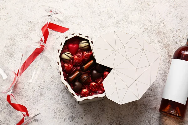 Heart Shaped Box Tasty Chocolate Candies Glasses Light Background — Stock Photo, Image