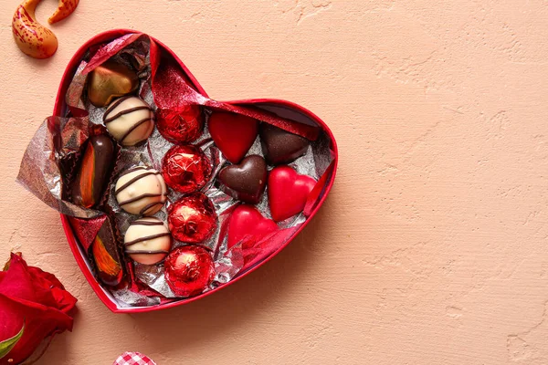 Heart Shaped Box Tasty Chocolate Candies Beige Background — Stock Photo, Image