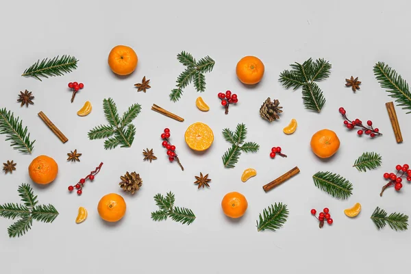 Composition Tangerines Fir Branches Spices White Background — Stock Photo, Image