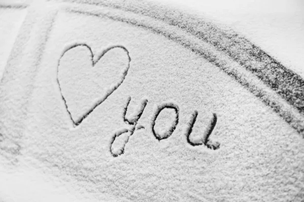 Drawn Heart Word You Snow Covered Car Outdoors Closeup — Stock Photo, Image