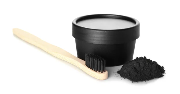 Ενεργός Σκόνη Δοντιών Από Άνθρακα Και Οδοντόβουρτσα Λευκό Φόντο — Φωτογραφία Αρχείου