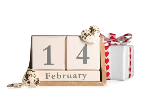 Kalendář Datem Valentýna Dárkové Krabice Bílém Pozadí — Stock fotografie