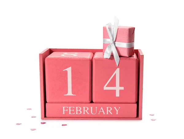 Calendário Com Data Dia Dos Namorados Caixa Presente Fundo Branco — Fotografia de Stock