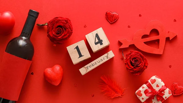 Calendrier Avec Date Saint Valentin Bouteille Vin Roses Boîte Cadeau — Photo