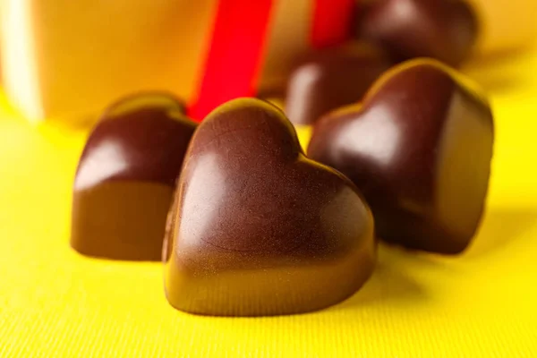 Tasty Heart Shaped Candies Yellow Background Closeup — Stock Photo, Image