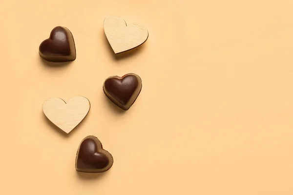 Tasty Heart Shaped Candies Beige Background — Stock Photo, Image