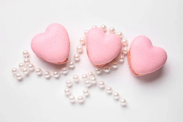 Tasty Heart Shaped Macaroons Beads White Background — Stock Photo, Image