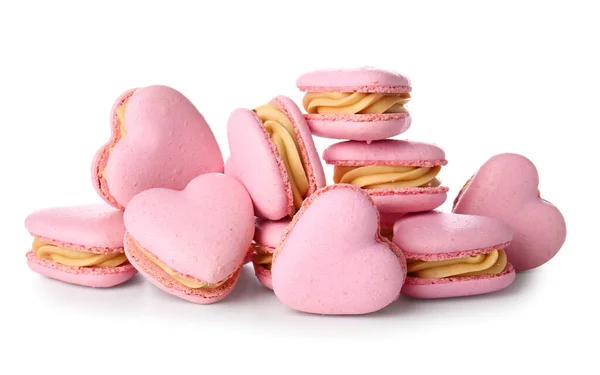 Tasty Heart Shaped Macaroons White Background — Stock Photo, Image