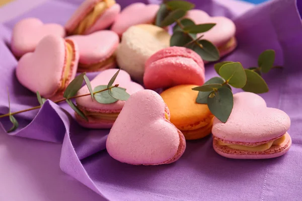 Tasty Heart Shaped Macaroons Branches Table Closeup — Stock Photo, Image