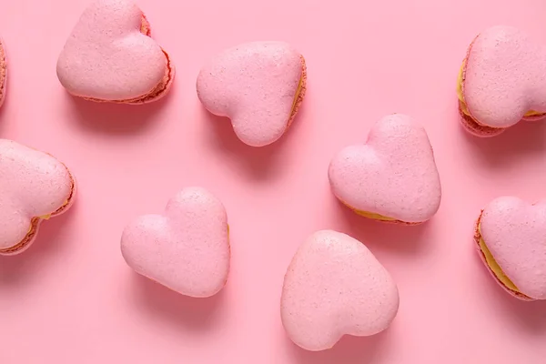 Tasty Heart Shaped Macaroons Pink Background — Stock Photo, Image