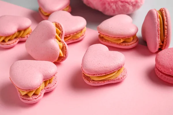 Tasty Heart Shaped Macaroons Color Background Closeup — Stock Photo, Image