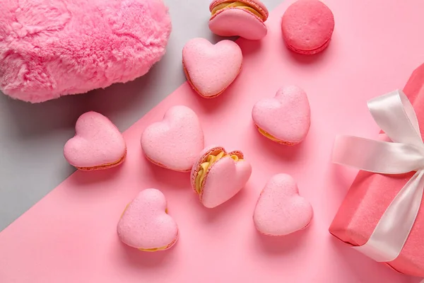 Tasty Heart Shaped Macaroons Color Background — Stock Photo, Image