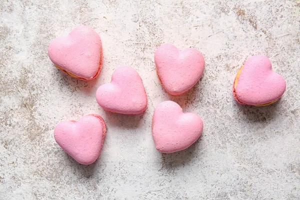 Tasty Heart Shaped Macaroons Light Background — Stock Photo, Image