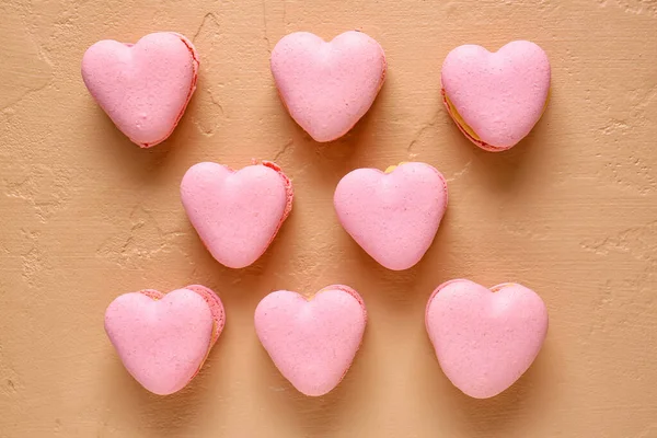 Tasty Heart Shaped Macaroons Beige Background — Stock Photo, Image
