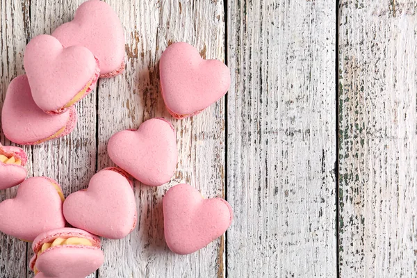 Tasty Heart Shaped Macaroons White Wooden Background — Stock Photo, Image