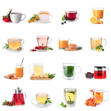 Beyaz arka planda sağlıklı çay çeşitleri