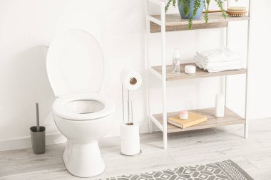 Tuvalette tuvalet kağıdı ve tuvalet kağıdı olan tutucu.