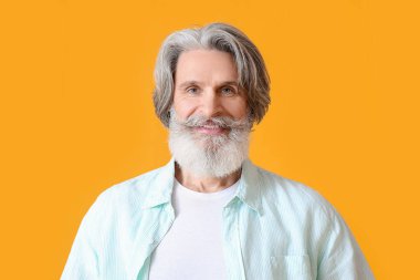 Sarı arka planda mavi gömlekli son sınıf öğrencisi.