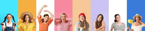 Renkli Arka Planda Farklı Mutlu Genç Kadınlar Metin Için Yer — Stok fotoğraf