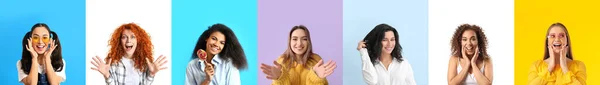 テキストのためのスペースと色の背景に異なる幸せな若い女性 — ストック写真
