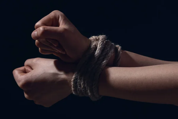 Tied Together Hands Hostage Dark Background — Stock Photo, Image